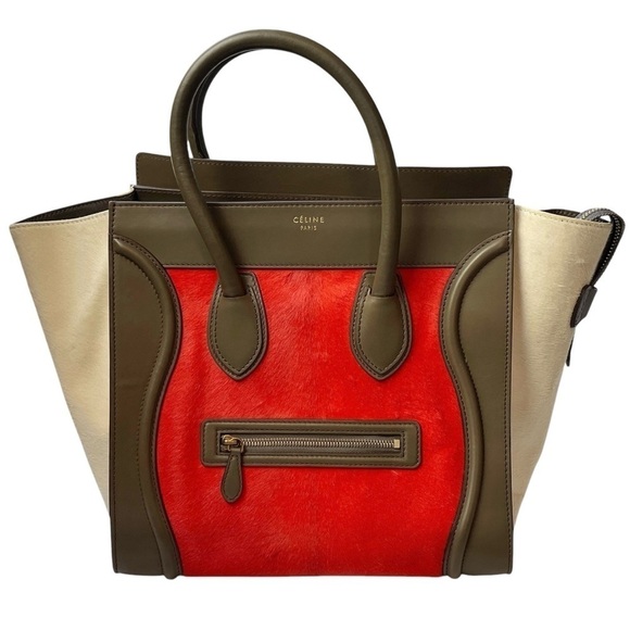 CELINE Tri-Color Pony Hair Calfskin Leather Mini Luggage Tote Bag Red Beige - Picture 1 of 16